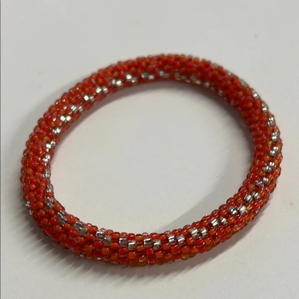 Orange Silver Beaded Mesh Small Bracelet
